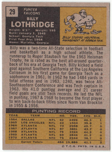 1971 Topps Football #29 Billy Lothridge