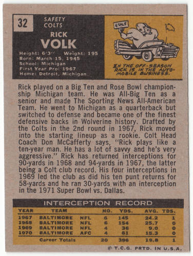 1971 Topps Football #32 Rick Volk Rookie Card