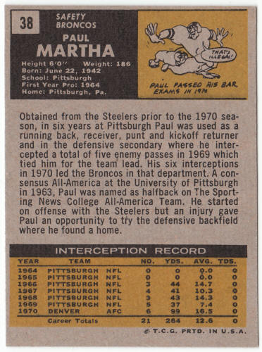 1971 Topps Football #38 Paul Martha