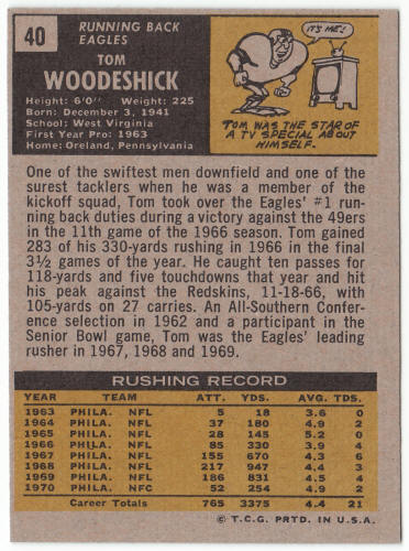 1971 Topps Football #40 Tom Woodeshick