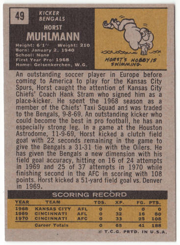 1971 Topps Football #49 Horst Muhlmann Rookie Card