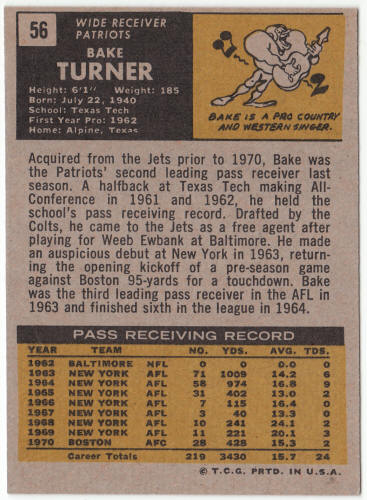 1971 Topps Football #56 Bake Turner