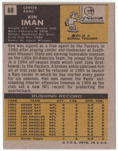 1971 Topps Football #68 Ken Iman Rookie Card