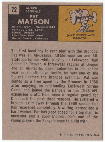 1971 Topps Football #72 Pat Matson Rookie Card