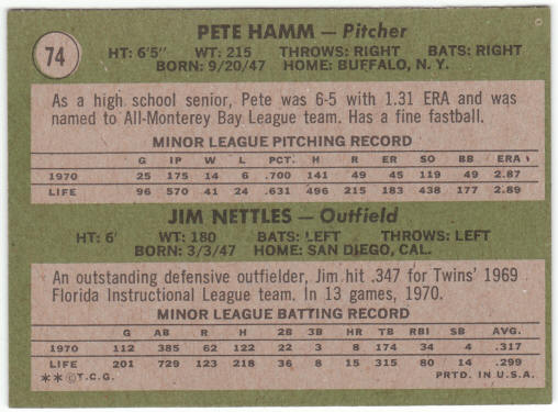 1971 Topps Baseball #74 Twins Rookies Jim Nettles Pete Hamm back