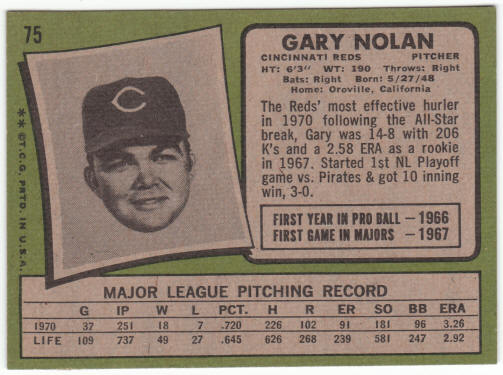 1971 Topps Baseball #75 Gary Nolan back
