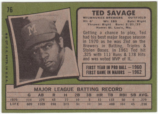 1971 Topps Baseball #76 Ted Savage back