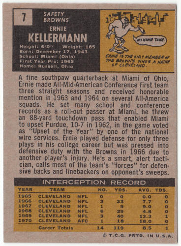 1971 Topps Football #7 Ernie Kellermann