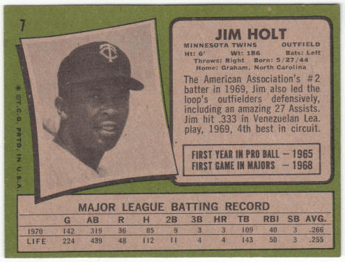 1971 Topps Baseball #7 Jim Holt Rookie Card