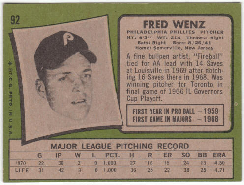 1971 Topps Baseball #92 Fred Wenz