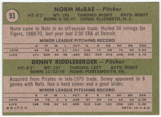 1971 Topps Baseball #93 Senators Rookies Norm McRae Denny Riddleberger