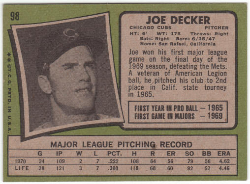 1971 Topps Baseball #98 Joe Decker Rookie Card