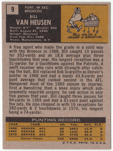 1971 Topps Football #9 Bill Van Heusen Rookie Card