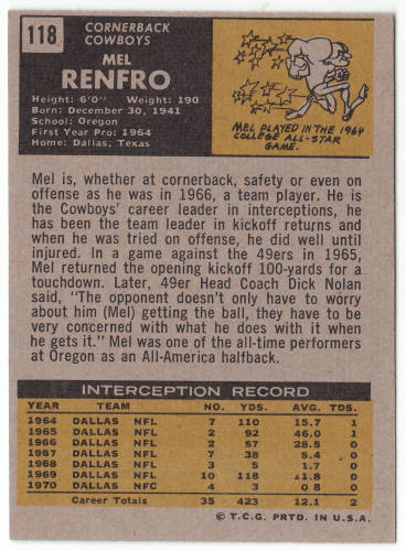 1971 Topps Football #118 Mel Renfro back