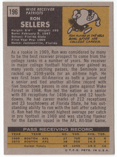 1971 Topps Football #196 Ron Sellers Rookie Card back