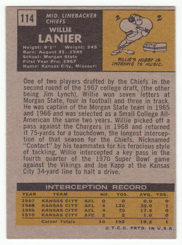 1971 Topps Football #114 Willie Lanier rookie back