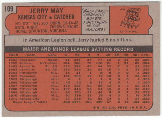 1972 Topps Baseball #109 Jerry May