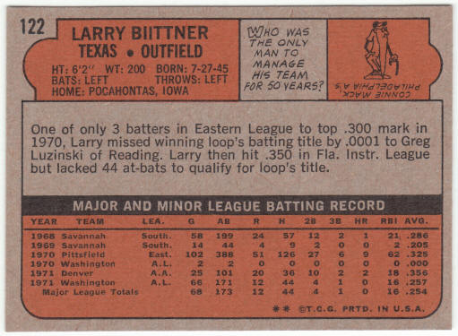 1972 Topps Baseball #122 Larry Biittner Rookie Card