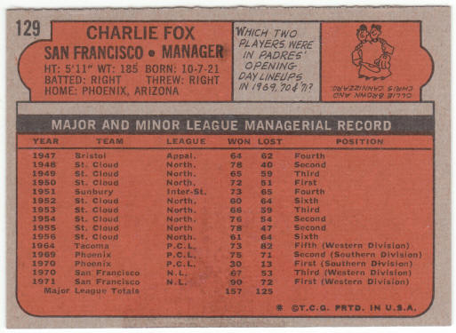 1972 Topps Baseball #129 Charlie Fox Manager