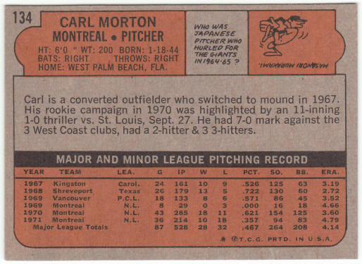 1972 Topps Baseball #134 Carl Morton