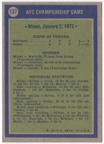 1972 Topps Football #137 AFC Championship Game Johnny Unitas