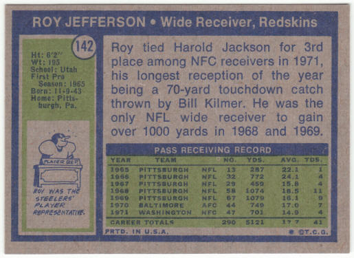 1972 Topps Football #142 Roy Jefferson