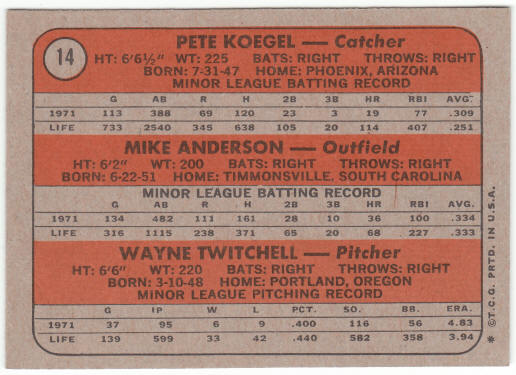 1972 Topps Baseball #14 Phillies Rookies Pete Koegel Mike Anderson Wayne Twitchell