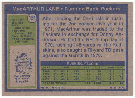 1972 Topps Football #151 MacArthur Lane