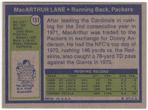 1972 Topps Football #151 MacArthur Lane