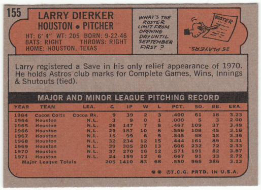 1972 Topps Baseball #155 Larry Dierker