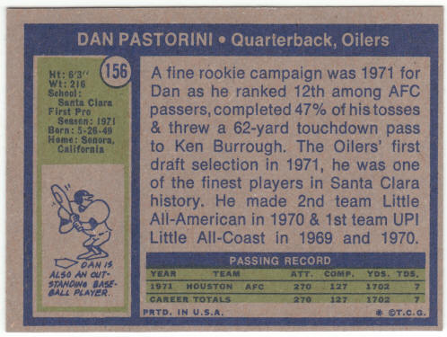 1972 Topps Football #156 Dan Pastorini Rookie Card