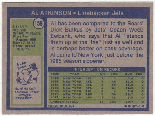 1972 Topps Football #159 Al Atkinson
