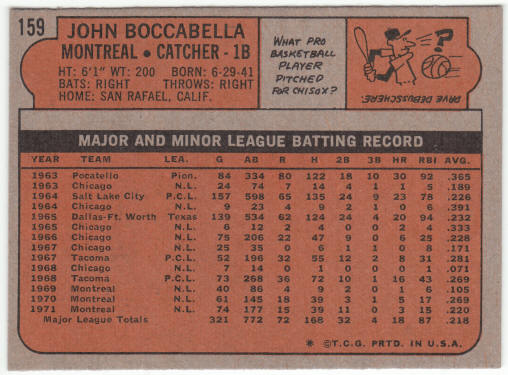 1972 Topps Baseball #159 John Boccabella