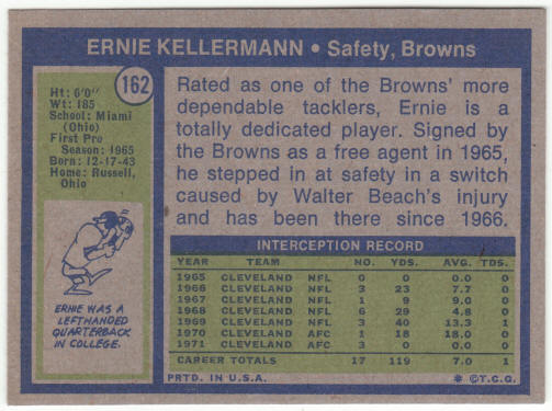 1972 Topps Football #162 Ernie Kellermann