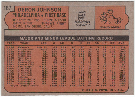 1972 Topps Baseball #167 Deron Johnson