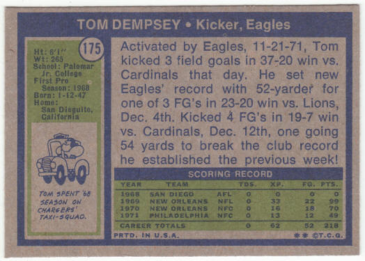 1972 Topps Football #175 Tom Dempsey