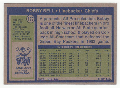 1972 Topps Football #177 Bobby Bell Card back