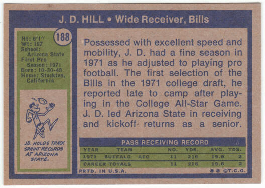 1972 Topps Football #188 J D Hill Rookie Card