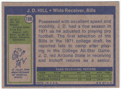 1972 Topps Football #188 J D Hill Rookie Card