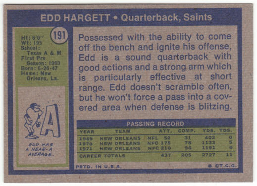 1972 Topps Football #191 Edd Hargett