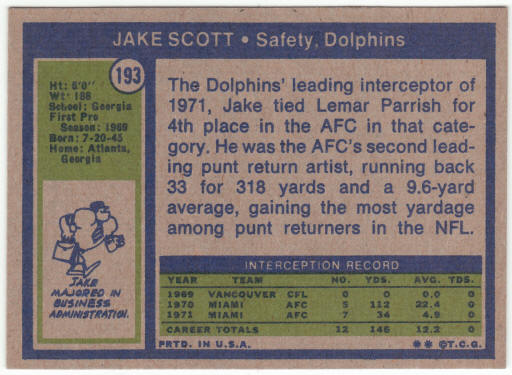 1972 Topps Football #193 Jake Scott