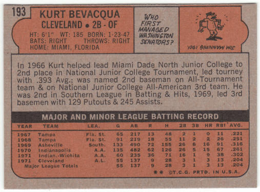 1972 Topps Baseball #193 Kurt Bevacqua Rookie Card