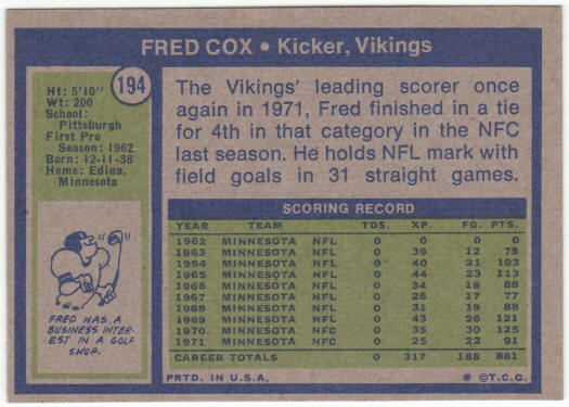 1972 Topps Football #194 Fred Cox