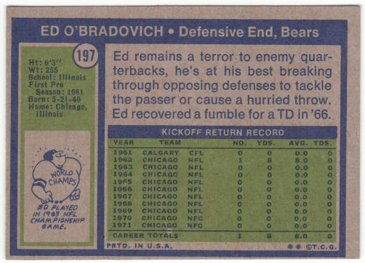 1972 Topps Football #197 Ed O'Bradovich