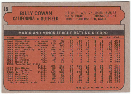 1972 Topps Baseball #19 Billy Cowan