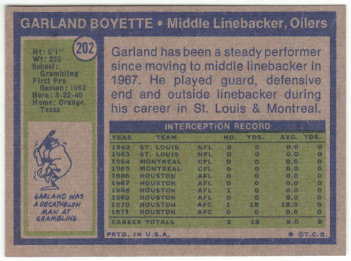 1972 Topps Football #202 Garland Boyette