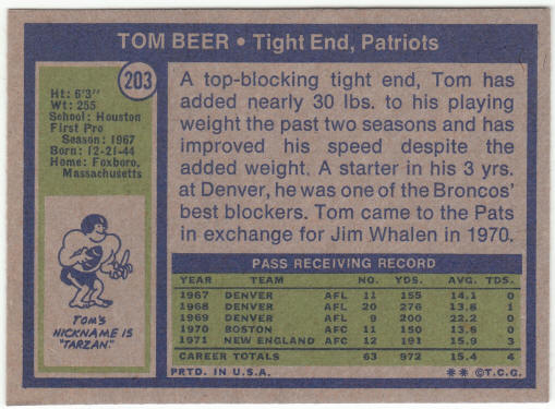 1972 Topps Football #203 Tom Beer