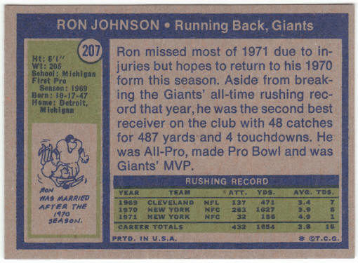 1972 Topps Football #207 Ron Johnson