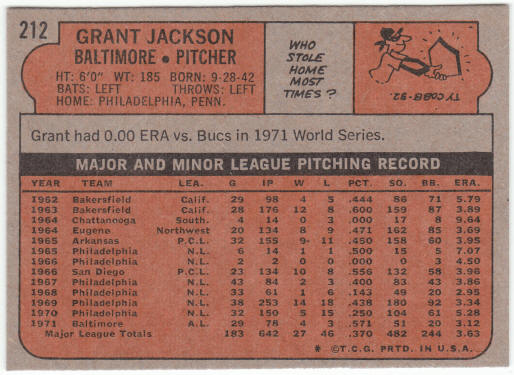 1972 Topps Baseball #212 Grant Jackson