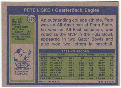 1972 Topps Football #228 Pete Liske